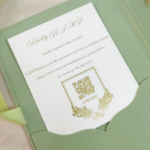 Invitación de Boda en Color Verde Salvia con Impresión Vainilla, Logotipo Personalizado, Cierre con Cinta de Raso Dorada, Tarjeta de Felicitación en Papel Artístico - Product Image 2