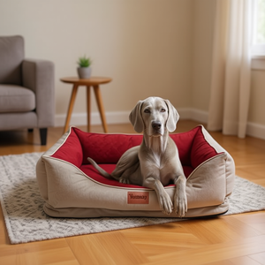 Set Letto per Cani Tre Pezzi in Tessuto Impermeabile Antimacchia con Fondo in Spugna e Camoscio Imbottito in Cotone, Beige+Rosso per Animali Domestici - Product Image 3