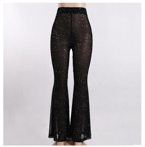 Moda <span class=keywords><strong>donna</strong></span> Sexy trasparente tinta unita Glitter lucido sottile vita alta <span class=keywords><strong>pantaloni</strong></span> svasati maglia trasparente <span class=keywords><strong>pantaloni</strong></span> da spiaggia Pantalon - Product Image 5