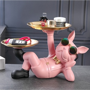 Cool Resin Dog Statue Black 2 Metal Trays with Cute Glasses French Bulldog Figurine Sculptures Home <strong>Decor</strong> Gift - Product Image 6