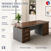 Bureau de direction en forme de L avec plateau surélevé chromé, bois brun foncé, table de bureau moderne pour PDG, table de direction