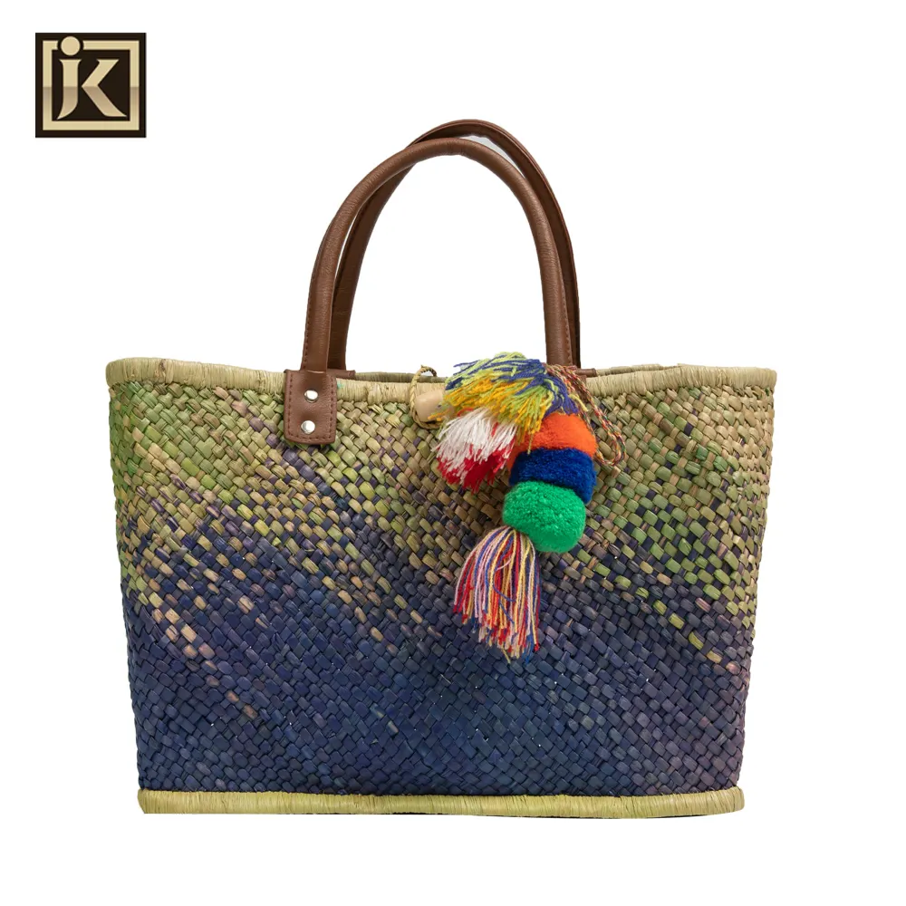 Medyjayi bolsa de praia com borla, bolsa de palha de bambu com mercado francês, boho, trigo, couro