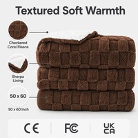 Manta Eléctrica de Felpa Coral a Cuadros de Lujo Color Café, Fabricada por OEM, Personalizada, 50x60 Pulgadas, Control Digital, Cálida y Segura