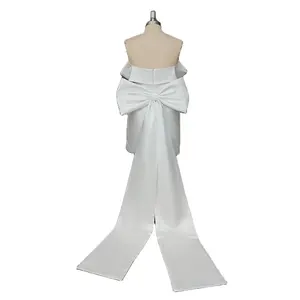 12840# Simple Straight Across Beach Off Shoulder Sheath Wedding Dress Short Mini Bridal Gown With Detachable Big Bow Prom Dress
