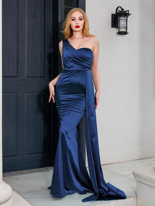 Modis terbaru komoditas satu lengan Satin gaun Maxi gaun Burgundy terbungkus Bodycon lantai panjang gaun Prom - Product Image 5