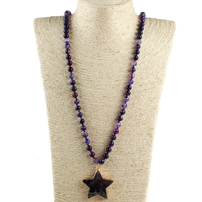 Fashion Statement Long Knot 8mm Jewelry Tiger Eye Purple Gemstone Necklace Natural Stone Star Pendant Necklace