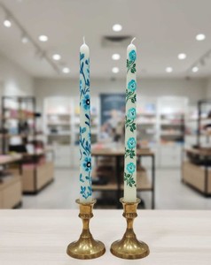 Blue Blossom Hand-Painted Soy Paraffin Wax Taper <b>Candle</b> <b>Set</b> (<b>Set</b> 2)-Smokeless Christmas Home Decor for Events Special Occasions - Product Image 1