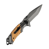 Couteau de poche tactique de chasse portable en acier inoxydable avec manche en bois d'olivier gravé, lame dentelée, pointe tombante, pliable, gris titane