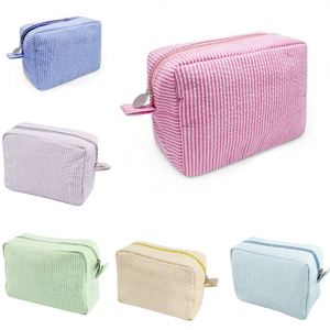 Bolsa de Cosméticos Grande para Mujer, Neceser de Viaje con Rayas, Bolsa de Cosméticos de Tela Seersucker, Organizador Estético para Mujer, Bolsa de Almacenamiento - Product Image 1