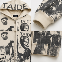 TaiDe Sweat à capuche court zippé personnalisé 200 GSM avec impression intégrale, motif collage photo, coupe carrée, OEM ODM, faible MOQ, fabricant de vêtements pour hommes