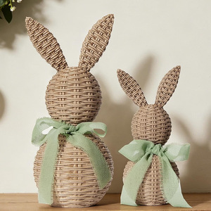 <b>Easter</b> Rabbit Decorations 2Pcs Plastic Woven Style Rustic Home Desktop <b>Ornaments</b> For Living Room - Product Image 1