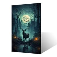 Seni Dinding Kanvas Rusa Mistis Modern Pemandangan Hutan Bulan Purnama Cetak HD untuk Dekorasi Ruang Tamu dan Ruang Game