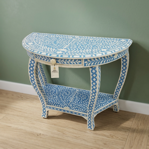 Premium Ivory Bone Inlay Console <b>Stool</b> Turquoise Resin Finish Handcrafted Front Drawers Adjustable Apartment Furniture - Product Image 3