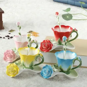 Sứ 3D Rose Shape Flower cup Mug men gốm cà phê tách trà và chiếc đĩa muỗng chén trà