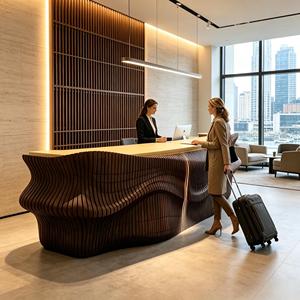 Mostrador de Recepción de Madera Maciza Personalizado con Frente Curvo Paramétrico, Mostrador Moderno para Recepción de Hotel u Oficina - Product Image 4
