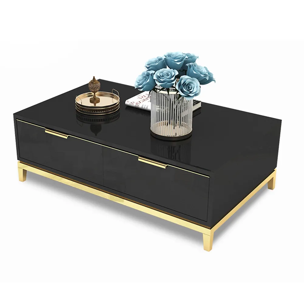 CX02 negro de alto brillo mesa de café con pierna de oro moderno muebles de sala