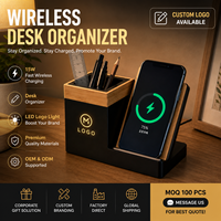 Organisateur de bureau en bambou avec chargeur sans fil, porte-stylo, support de téléphone, station de charge rapide, logo personnalisé, cadeau d'entreprise, fabriqué en Chine