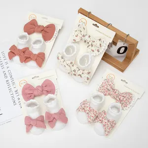 3Pcs Baby Big Bow Soft Muslin Cotton Infant Shoes Socks With Plain and Floral Dots Side Headband Newborn Gift Set