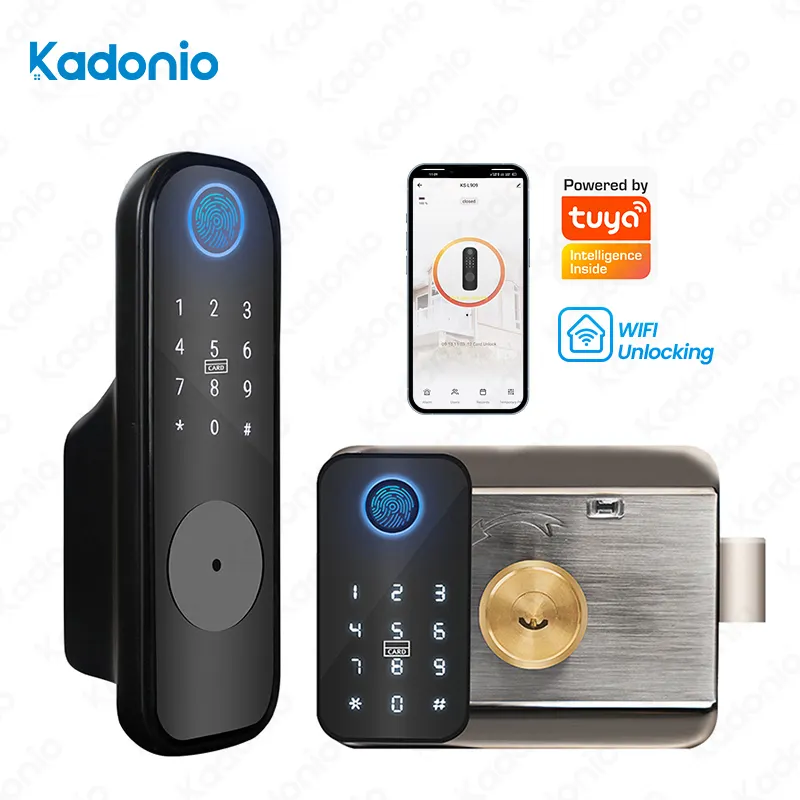 Kadonio Tuya Smart Rim Bloqueo biométrico RFID Tarjeta IC WiFi Aplicación Combinación Seguridad para el hogar Bloqueo de doble huella dactilar