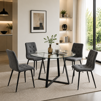Ensemble de table à manger moderne de luxe avec chaises en tissu gris, structure en fer, plateau rond en verre écologique pour salle à manger et hôtellerie