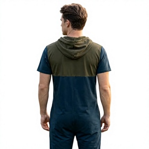 Color Block Summer Knitted Men Jumpsuit Hooded Zip Front Romper Short Sleeve Casual Unisex Beachwear Coverall - Product Image 4