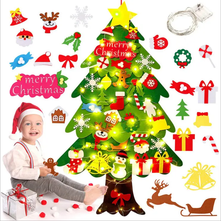 33pcs Christmas Felt Tree Xmas Kids Gift Toy Home Wall Decorations DIY Felt Christmas Tree With LED String Lights