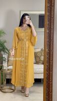 Kaftan de Luxe pour Fille Islamique, Jaune Dubaï, Broderie Strass, Manches Chauve-Souris Mi-Longues, pour Soirée et Été