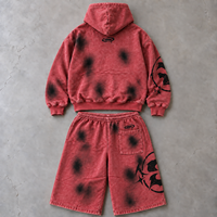 Ensemble survêtement homme vintage délavé à l'acide avec sweat à capuche zippé et short, imprimé graphique oversize, streetwear, 2 pièces, short long 3/4
