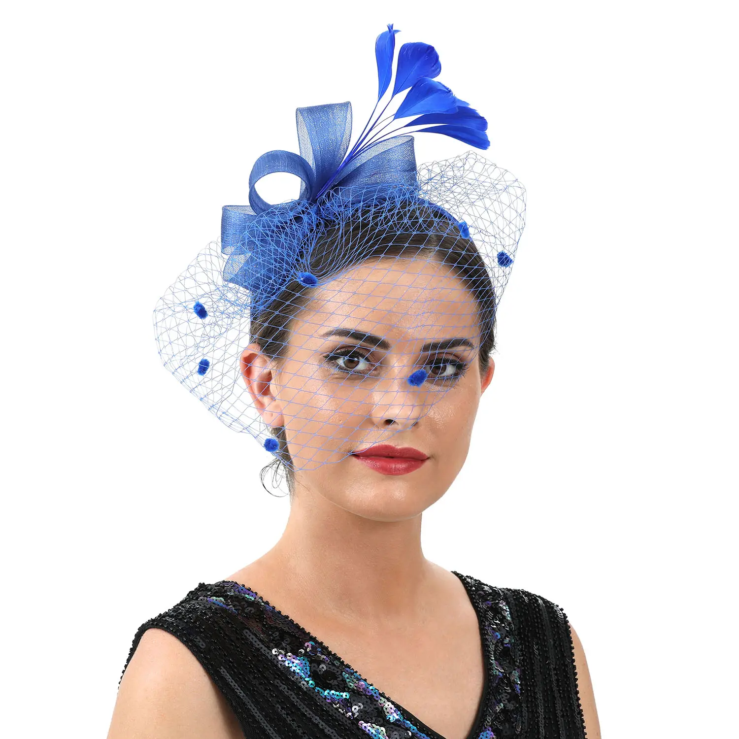 Premium-Haarzubehör elastisches Netz Faszinator mehrfarbige Federn-Kopfbekleidung Blumen-Kopfstücke Brautkopfband mit Schleier weiblich