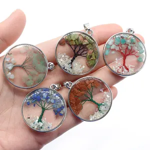 Newest Natural Raw Crystal Stone Chips With Tree Of Life Quartz Wishing Bottle Gemstone Resin Pendant Necklace
