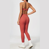 Set Olahraga Berkualitas Tinggi GH, Bra Olahraga Halter V-Neck, Legging Pinggang Tinggi, Kontrol Perut, Set Yoga Fitness