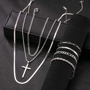 Conjunto de Joyería de Moda Plateada para Mano y Cuello: Pulsera, Anillo y Collar de Acero Inoxidable con Cruz para Niñas y Mujeres - Product Image 1