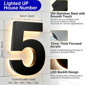 Targa Moderna Retroilluminata in Acciaio Inox per Porta con Numeri e Lettere Luminosi a LED Numeri Civici - Product Image 5