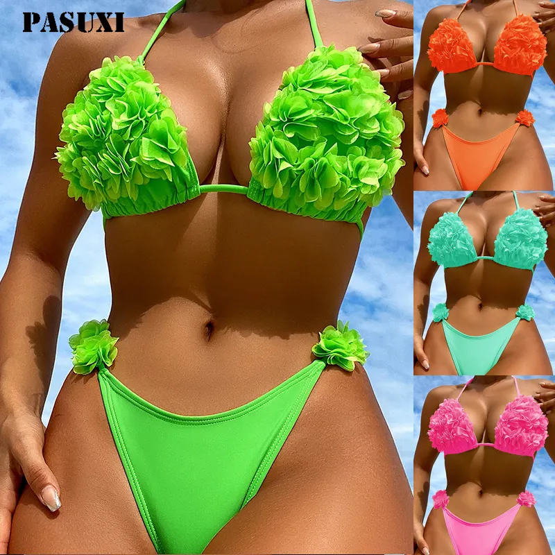 PASUXI özel yeni katı seksi iki parçalı mikro üçgen Bikini seti Beachwear mayo kadınlar stokta mayo