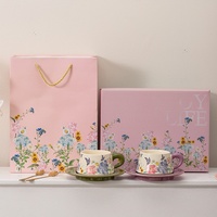 Service à café et à thé en porcelaine fine avec motif de papillon, style peinture à l'huile rétro, durable et portable, boîte cadeau