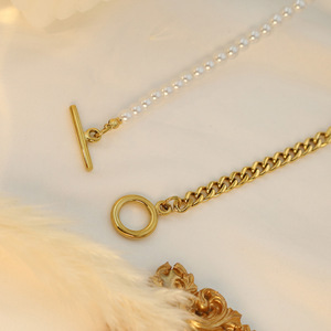 Cuban Chain Spliced Pearl Necklace Gold Zinc Alloy Clavicle Chain Party Jewelry Geometric Design DG-XL00003 - Product Image 3