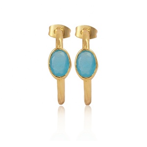 Dainty Gold Plated Hoop <b>Stud</b> <b>Earrings</b> Handmade Brass Jewelry with Faceted Cut Chalcedony Iolite Push Back Statement <b>Earrings</b> - Product Image 6