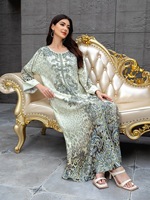 Robe Abaya Kaftan à imprimé léopard jaune avec perles et strass pour femmes, taille plus, vente en gros, vêtements islamiques de luxe pour soirée, OEM