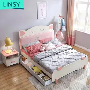 Linsy Nordic Style Pink Girl Children Queen Size Bed Room Wood Child Bedroom Set Furniture Children Bed EA1A