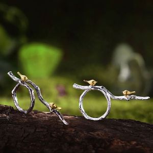 Gioielli di moda Hip Hop 925 in argento Sterling anelli Vintage fatto a mano originale di design uccello sul ramo per le donne uomo regalo - Product Image 3