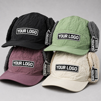 Casquette de baseball unisexe réglable en nylon froissé à 5 panneaux avec cache-oreilles en polaire Sherpa et patch d'étiquette tissée personnalisée, chaude pour l'hiver et les activités de plein air