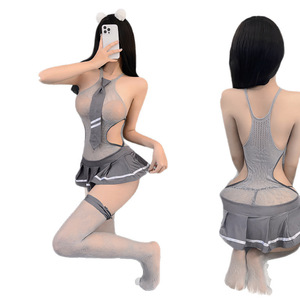 Lencería sexy, uniforme JK, medias transparentes y seductoras, body, top de malla, corbata, falda plisada para mujer - Product Image 5
