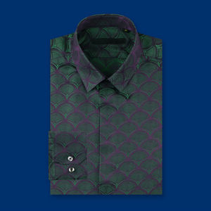 Camisa informal <span class=keywords><strong>de</strong></span> satén <span class=keywords><strong>de</strong></span> gama alta para hombre, camisa con estampado Vintage <span class=keywords><strong>de</strong></span> manga larga italiana <span class=keywords><strong>de</strong></span> un solo pecho verde <span class=keywords><strong>pavo</strong></span> real para banquete <span class=keywords><strong>de</strong></span> boda - Product Image 1