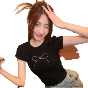 Camiseta Casual de Verano para Mujer, Transpirable, de Poliéster, Ajustada, de Manga Corta, con Diseño Sólido y Lazo Negro que Expone el Ombligo - Product Image 1