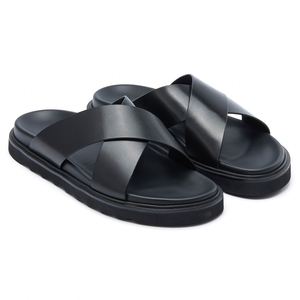 Chaussons pour hommes en cuir véritable antidérapants, dessus en cuir de vachette de qualité supérieure, doux, confortables, respirants, sandales plates pour la maison, tongs - Product Image 2