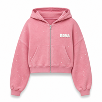 Sweat-shirt zippé en molleton délavé rose pour femme KOVA avec patch en chenille à motif bulles et éclaboussures d'encre sur la poitrine