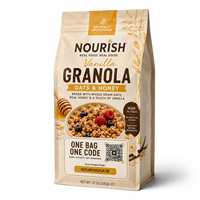 Sachet personnalisé à code unique pour granola à la vanille, sachet à huit soudures latérales avec code QR pour emballage de céréales et snacks