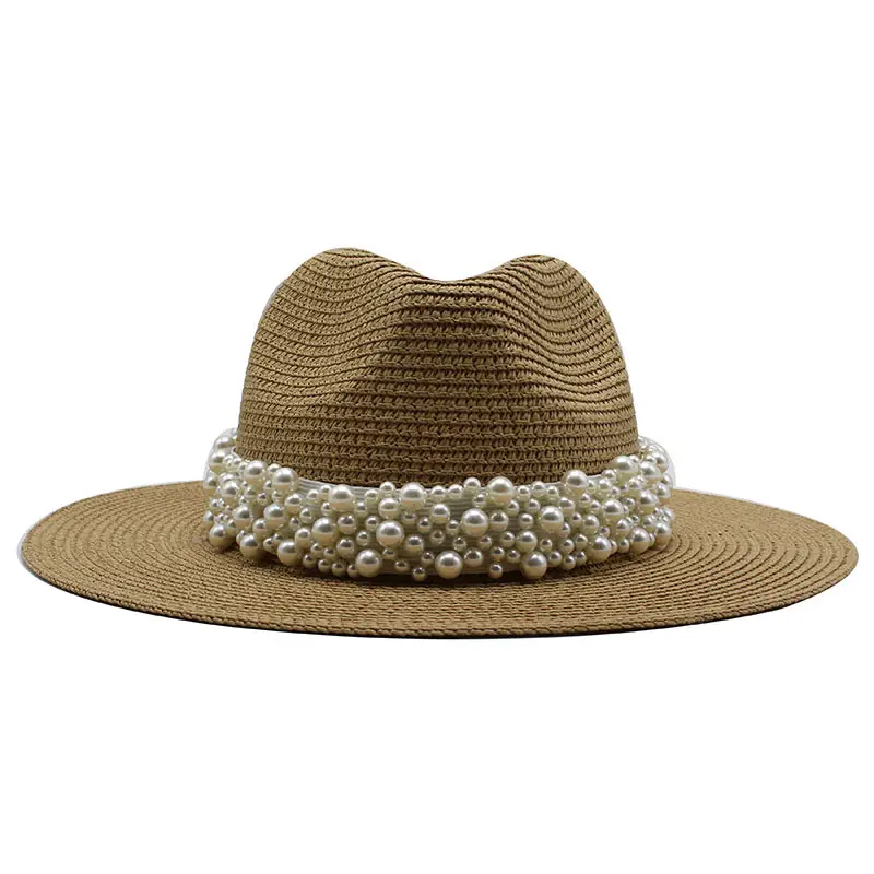 J166 뜨거운 판매 여성 여자 세련된 여름 해변 태양 모자 영국 스타일 재즈 모자 수제 진주 넓은 테두리 밀짚 모자