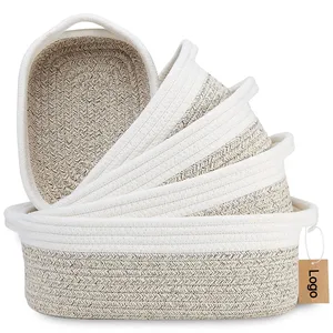 Venda quente 5-Piece Retângulo Set Pequeno algodão corda tecido armazenamento cesta para o Bebê Berçário Banheiro Organização Bin