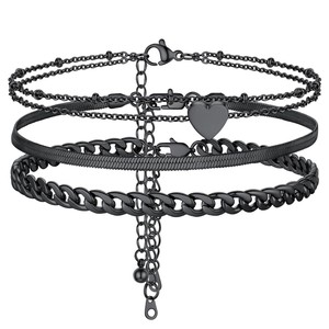 Novirassine Ensemble <span class=keywords><strong>de</strong></span> chevillères superposées noires en acier inoxydable avec breloque cœur, chaîne <span class=keywords><strong>gourmette</strong></span> et chaîne serpent, bijoux punk pour femmes et hommes - Product Image 3